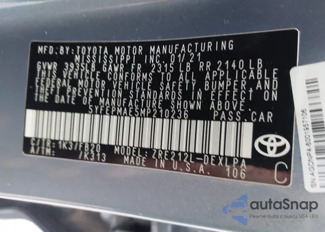 2021 Toyota Corolla Le from USA, damaged, VIN 5YFEPMAE5MP210236